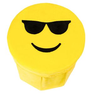 Puff Baú Organizador Redondo Emoji Rosto Sorridente Com Óculos Escuros 😎 30x29cm